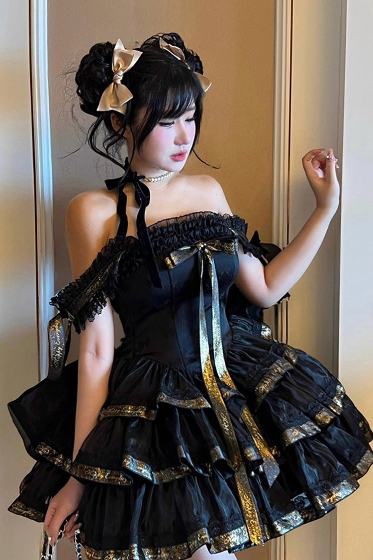 Black [Princess Ribbon] Off Shoulder Triple-Layered Ruffle Bowknot Sweet Lolita Dress