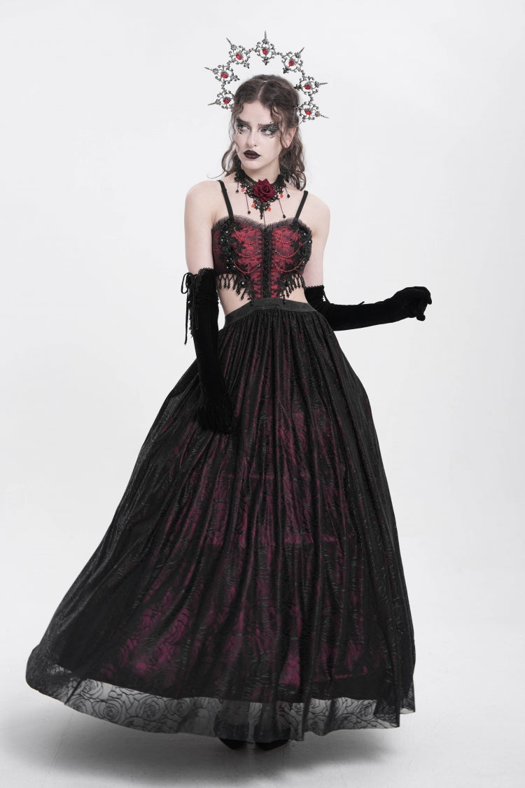 Rotes Jacquard-Kleid mit Blumenstickerei, zerrissene Gothic-Party-Unterkleid für Damen 