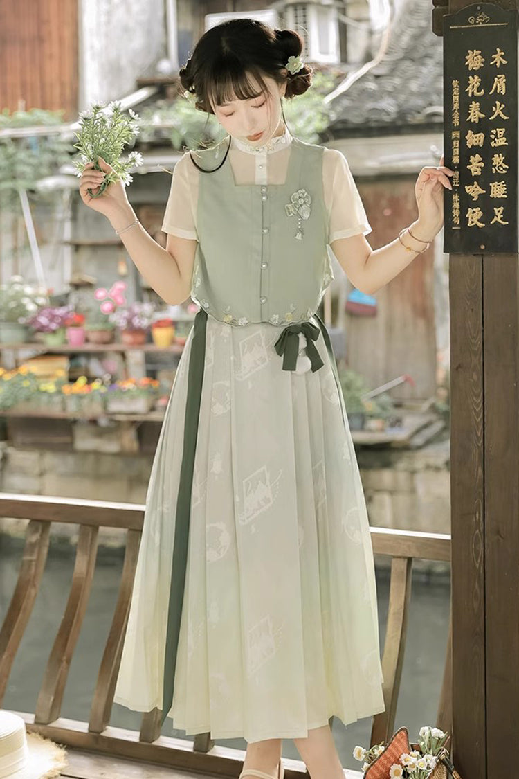 緑のラウンドカラー半袖刺繍パールボタン甘い漢服ドレスフルセット