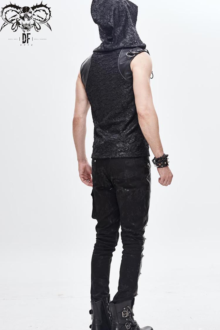 Black Hooded Tattered Chest Lace Up Metal Buckle Knit Men's Punk Vest