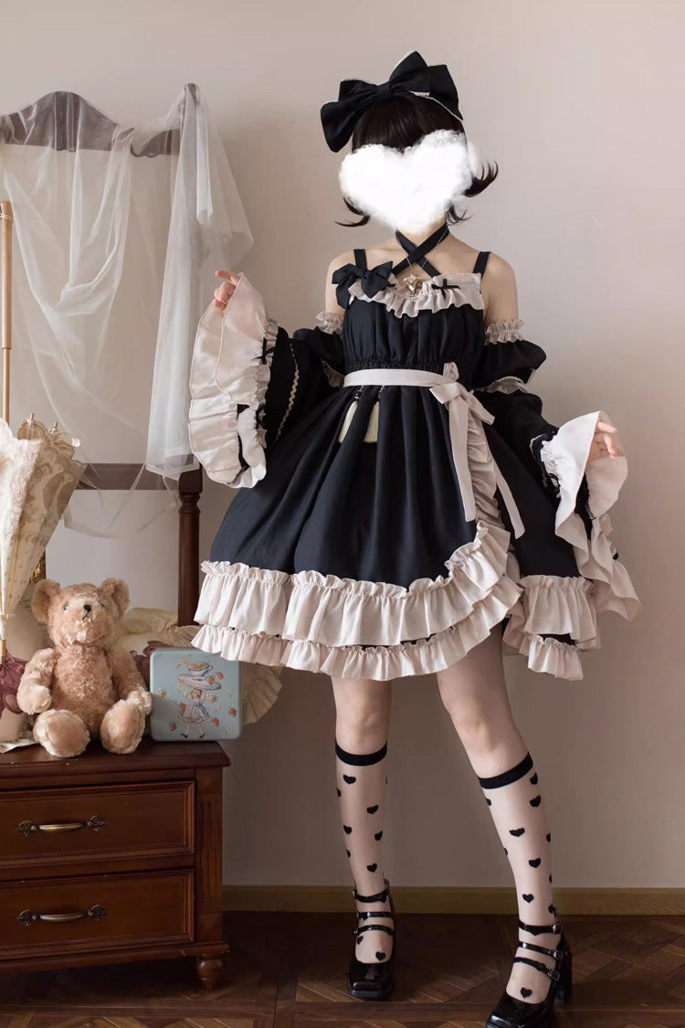 Black [Monet Estate] Sleeveless High Waisted Ruffle Bowknot Asymmetric Gothic Lolita Jsk Dress