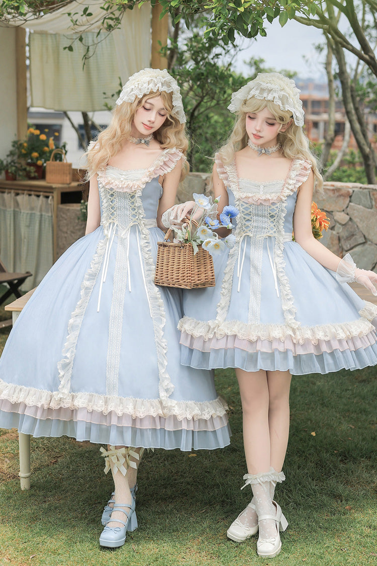 Bleu [Island Diary] Col Carré Manches Flutter Triple Couche À Volants À Lacets Sweet Lolita Jsk Robe 2 Versions