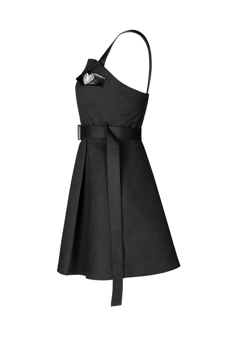 Black High Waist Belted PU Leather Strap Irregular Women's Steam Punk Dress