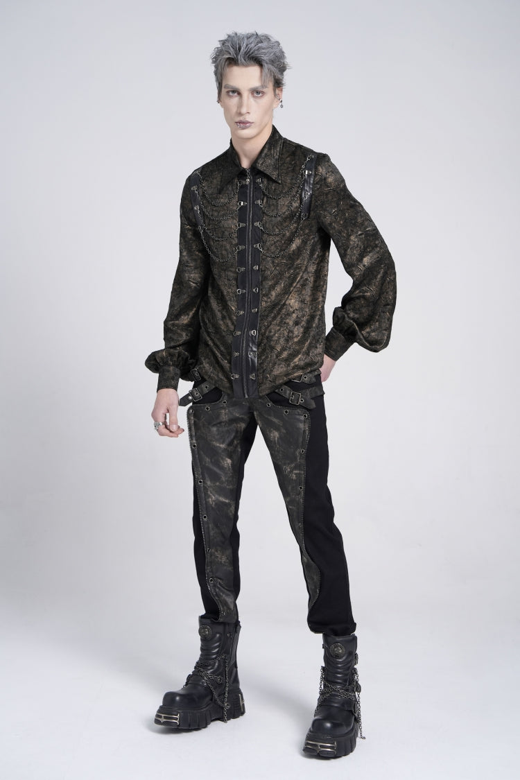 Schwarze Bluse mit Reverskragen, langen Puffärmeln, Kunstleder-Nähten und Kette im Gothic-Stil für Herren 