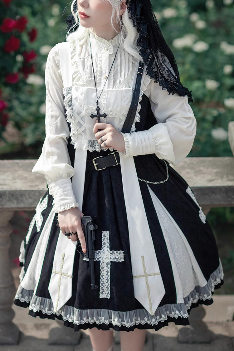 Black Paradise Cross Print Ruffle Sleeveless Gothic Lolita Dress