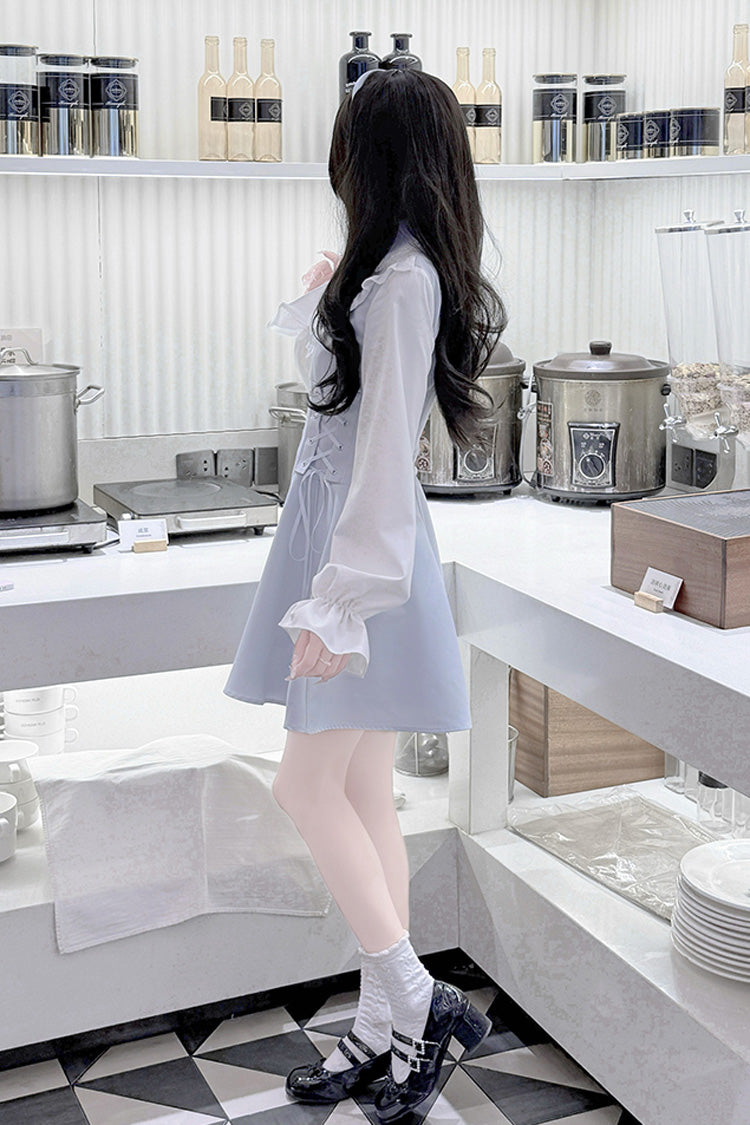 Light Blue [Qingshui Poetry] Long Sleeves Bowknot Lace-Up Sweet Jirai Kei Dress