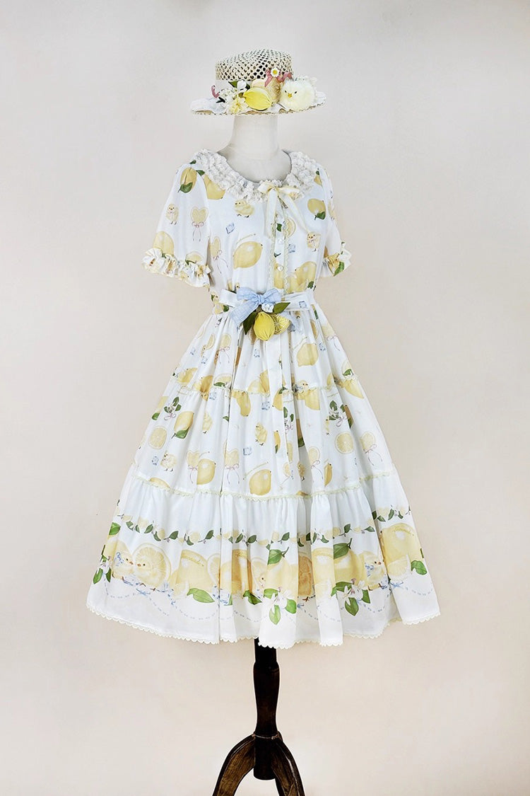 White [Lemon Chicken] Short Sleeves Print Ruffle Bowknot Lace Daily Sweet Lolita Dress