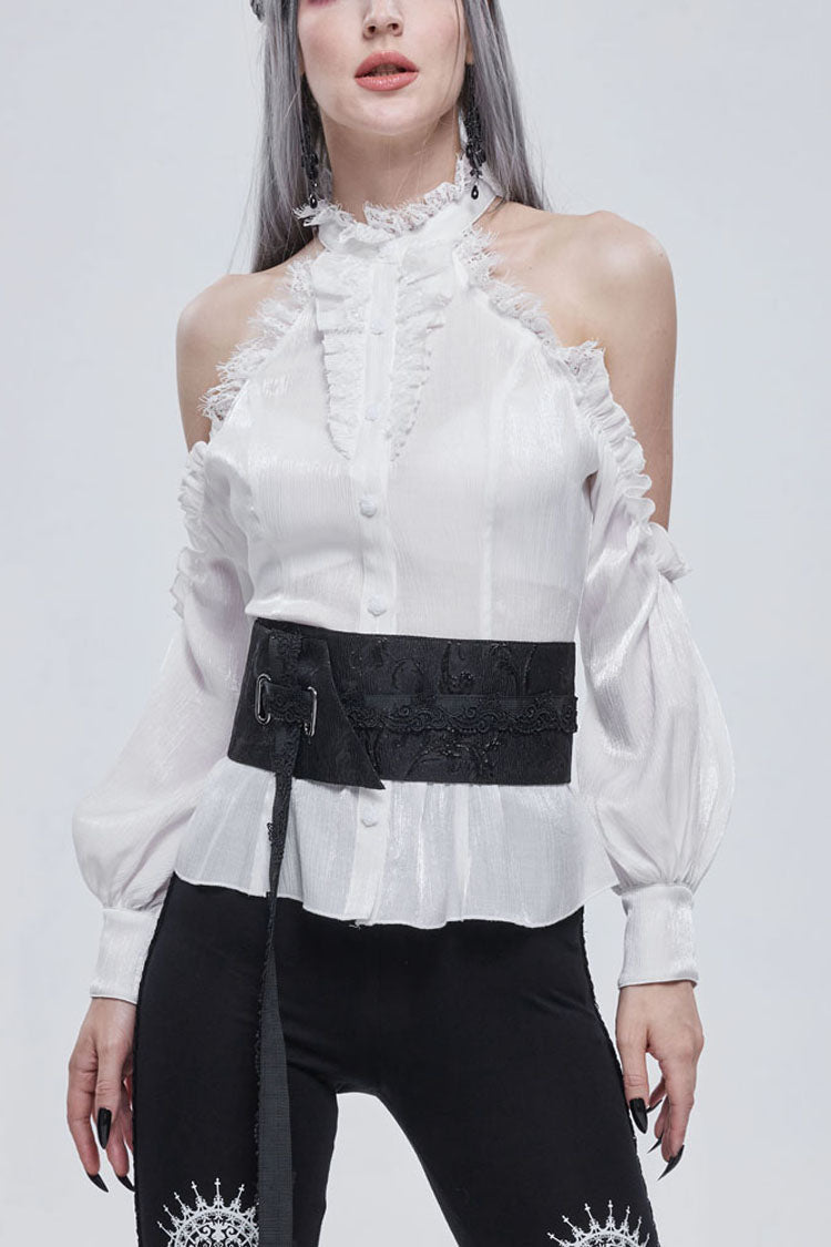 White Gothic Off-The-Shoulder Halter Lace Ruffled Lantern Sleeves Women's Shirt