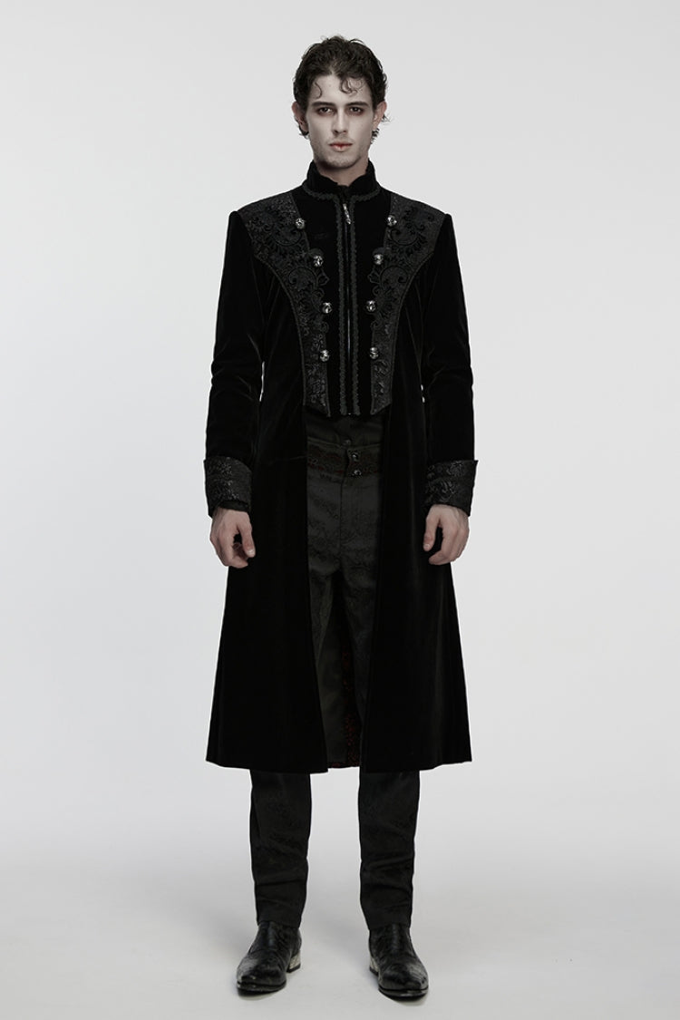 Black Stand Collar Long Sleeves Floral Jacquard Bouble-breasted Zipper Men's Gothic Coat