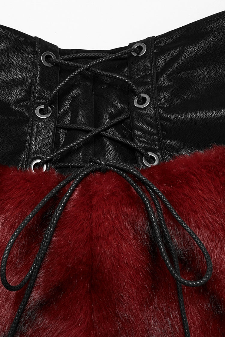 Jupe punk pour femme en fausse fourrure noire/rouge avec coutures en faux cuir et lacets 