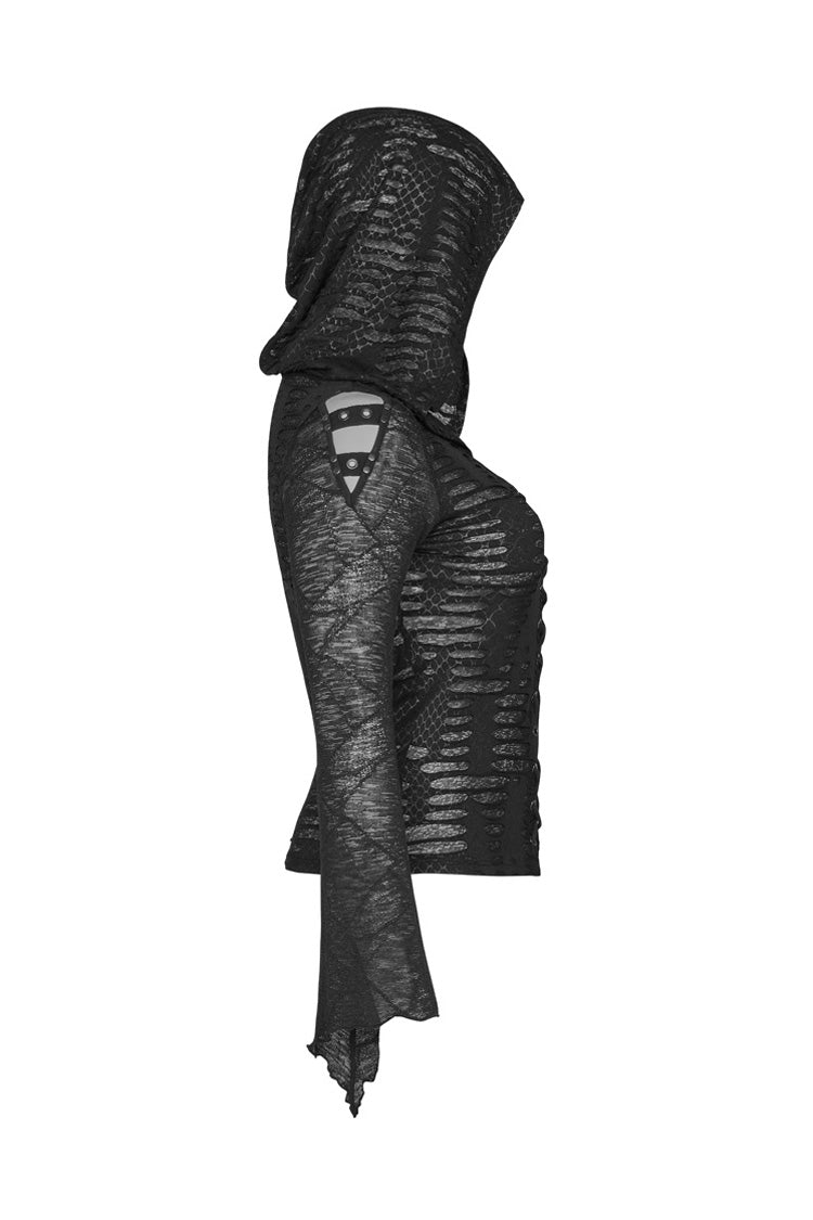 Schwarzes, vorne auf der Brust geschnürtes, ausgestelltes Ärmelspleißnetz, Übergröße, gebrochene Löcher, Strick-Punk-T-Shirt für Damen mit Kapuze
