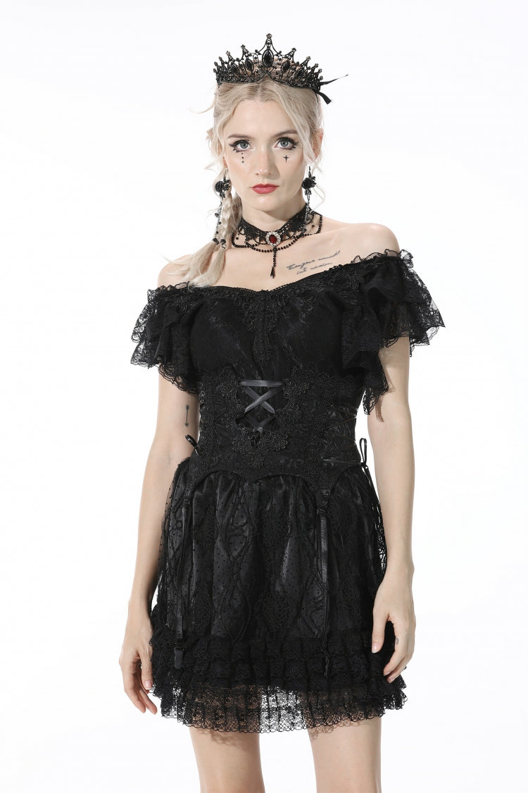 Schwarzes, floral besticktes Schnür-Riemchen-Korsett für Damen im Gothic-Stil