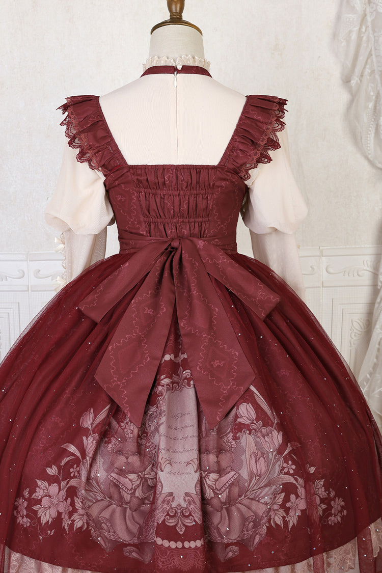 Red Bunny Tea Party Print Ruffle Bowknot Sweet Lolita Jsk Dress