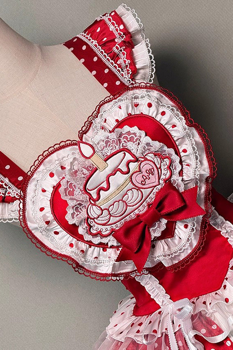 Red/White [Twin Bears] Birthday Cake Sleeveless Print Ruffle Bowknot Lace Sweet Lolita Big Flower Bud Dress
