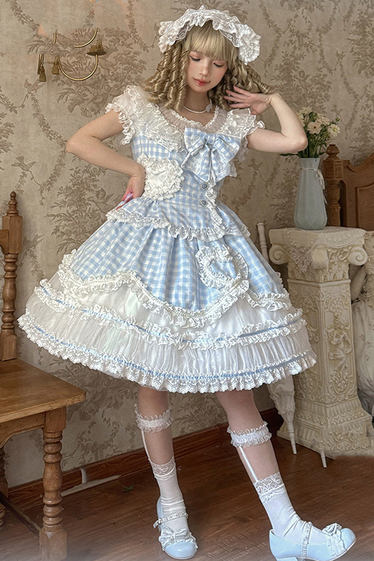 Blue [Tea Break Sweetheart] Short Sleeves Multi-Layered Plaid Print Ruffle Sweet Lolita Dress