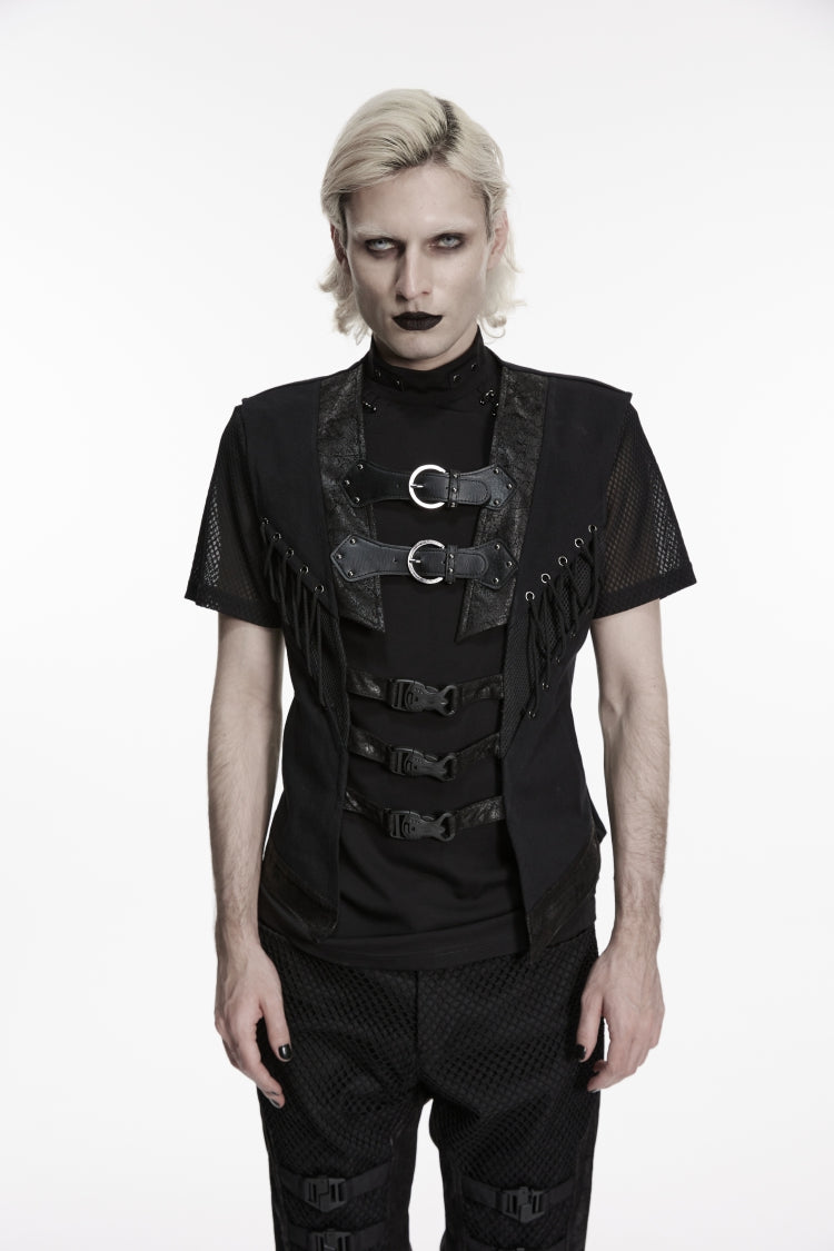 Schwarze, ausgeschnittene, schnürbare, schmale Mesh-Schnallen-Ösen-Herren-Punk-Hübsche Weste
