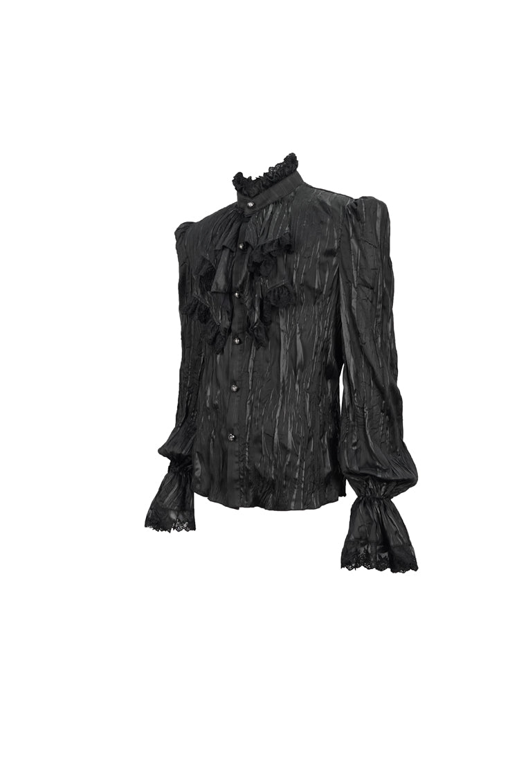 Schwarzes Vintage Stehkragen Gestreifter Kragen Blumenspitze Gothic Herrenhemd