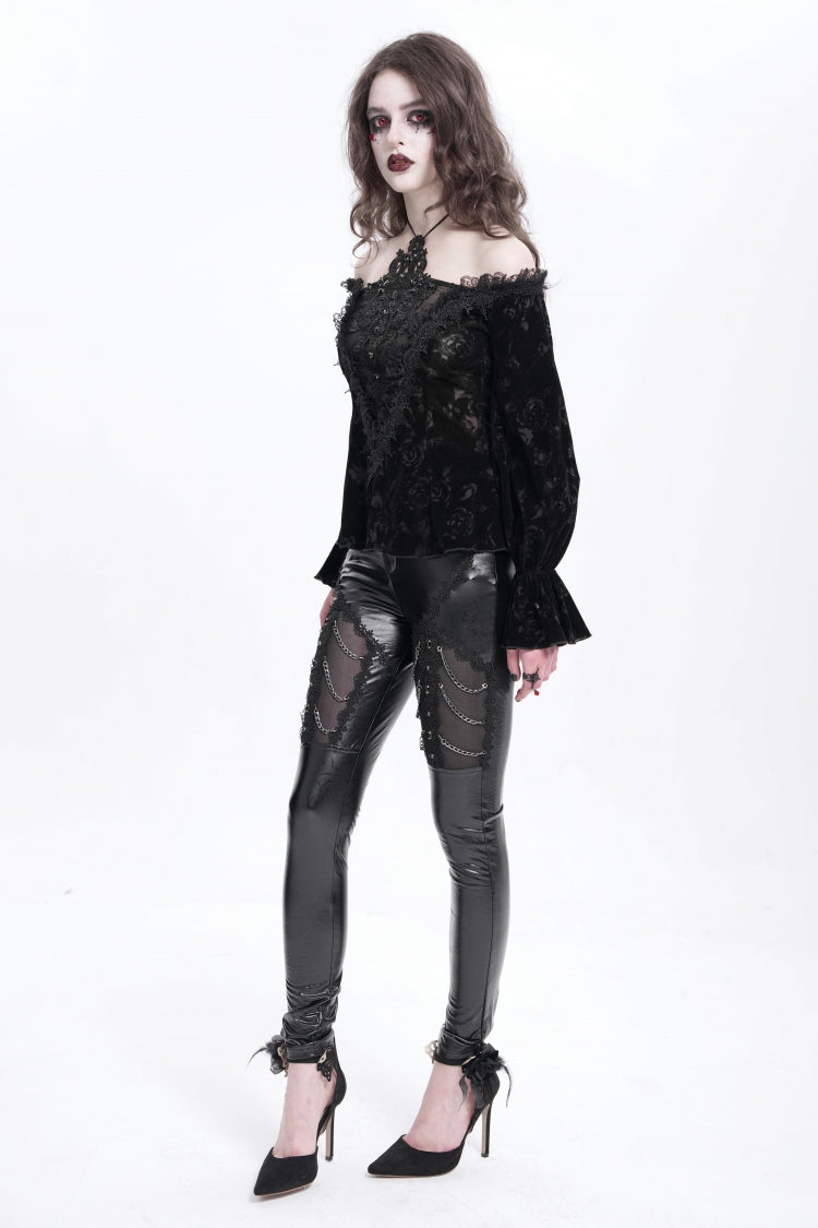 Black Off Shoulder Hollow Embroidery Women's Gothic Blouse