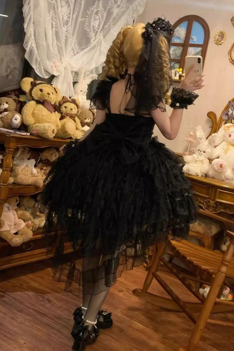 Black [Ballad of Feathers] Sleeveless Multi-Layered Ruffle Hanayome Bowknot Gothic Lolita Jsk Dress