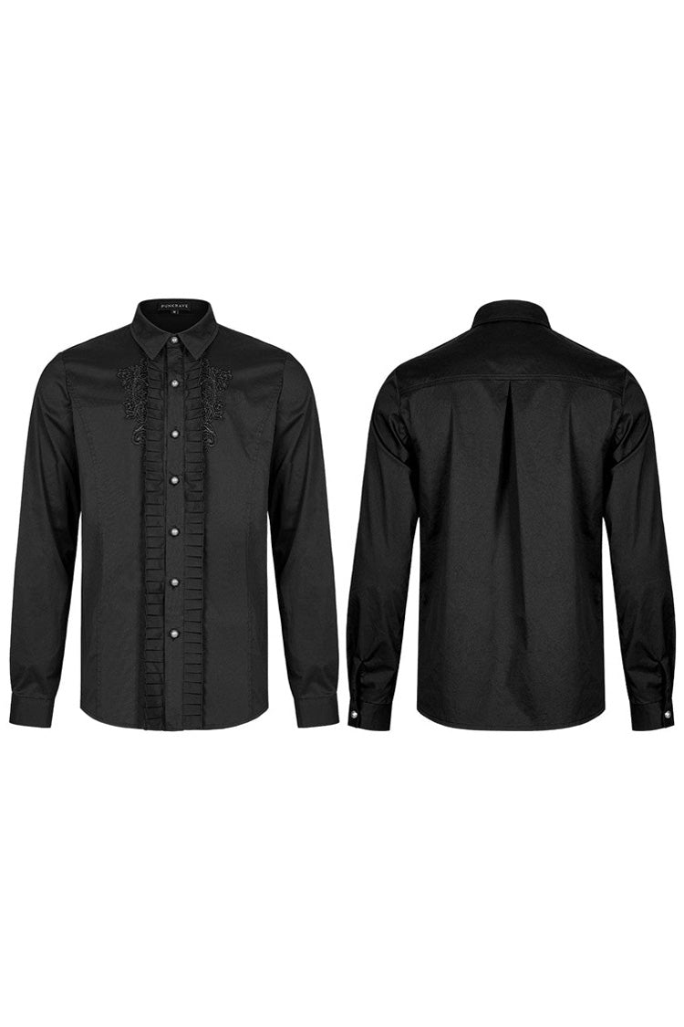 Black Gothic Delicate Decals Placket Pleated Ruffle Long Sleeve Men's Shirt