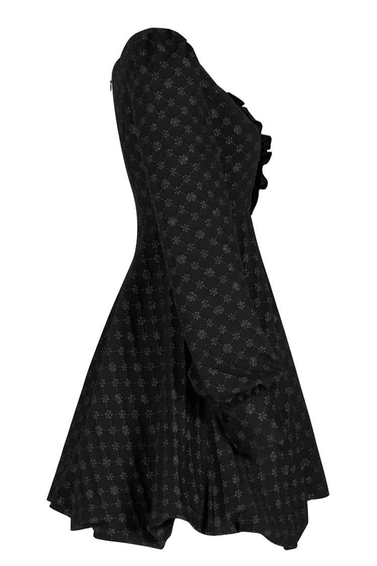 Black Flower Type Pearl Nail Square Neck Tucked Waist Flower Bud Women's Punk Dress