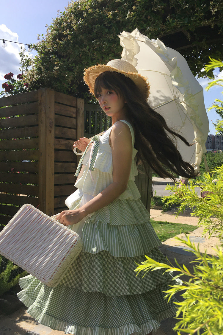 グリーン [Go To The Forest] マルチレイヤープリント フリル ホリデー スイート ロリータ ジャンパースカート ドレス 
