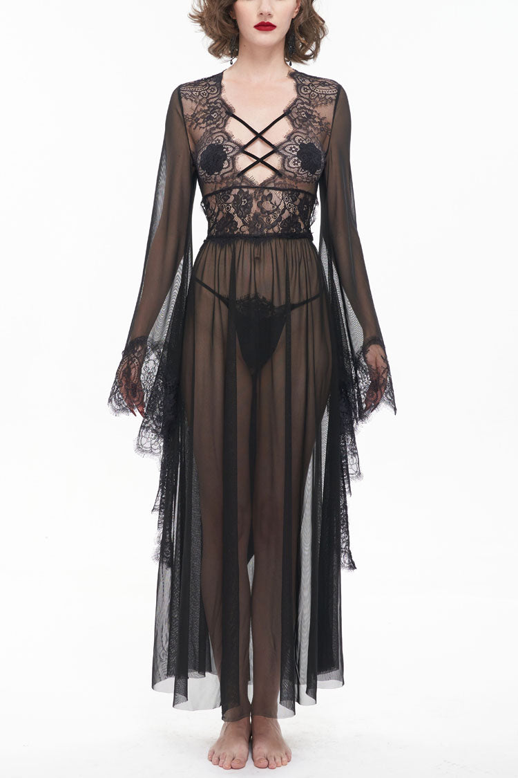 Schwarzes, perspektivisches, sexy, rückenfreies Kleid mit V-Ausschnitt und Schnürung und ausgestellten Ärmeln für Damen im Gothic-Stil