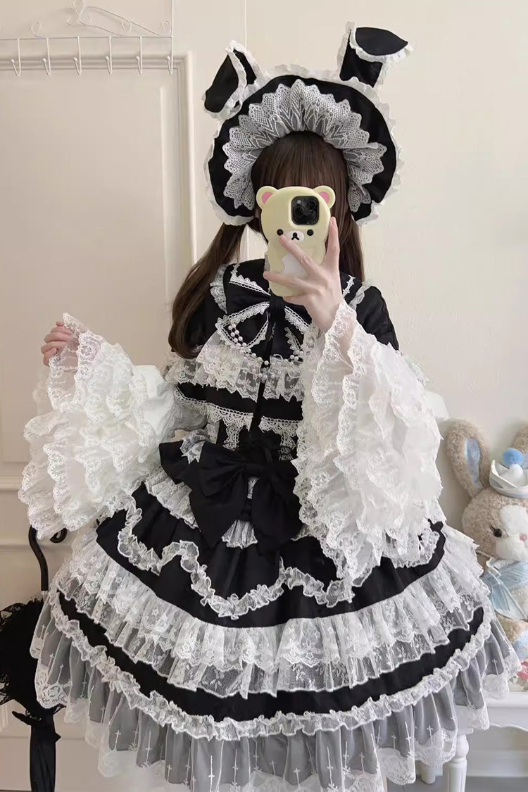 Black [Love and Heart Flutter] Sleeveless Multi-Layered Ruffle Bowknot Lace Pearl Sweet Lolita Jsk Dress
