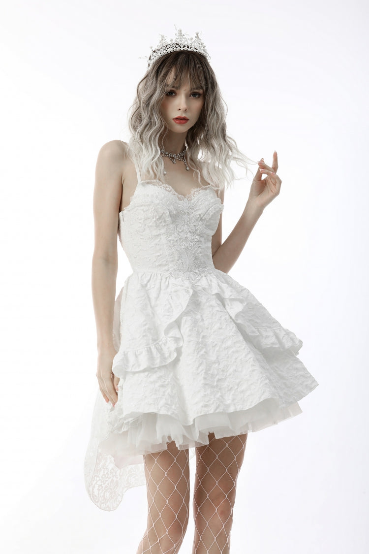 Robe gothique blanche en dentelle Jacquard multicouches, sans manches, haute/basse, à lacets, pour femmes, robe de remise de diplôme de mariage