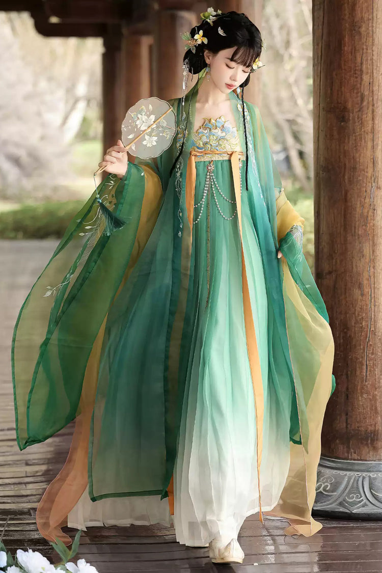 Grün [Legenden der Tang-Dynastie] Hoch tailliertes, bedrucktes, besticktes Damen-Klassiker-Hanfu-Kleiderset