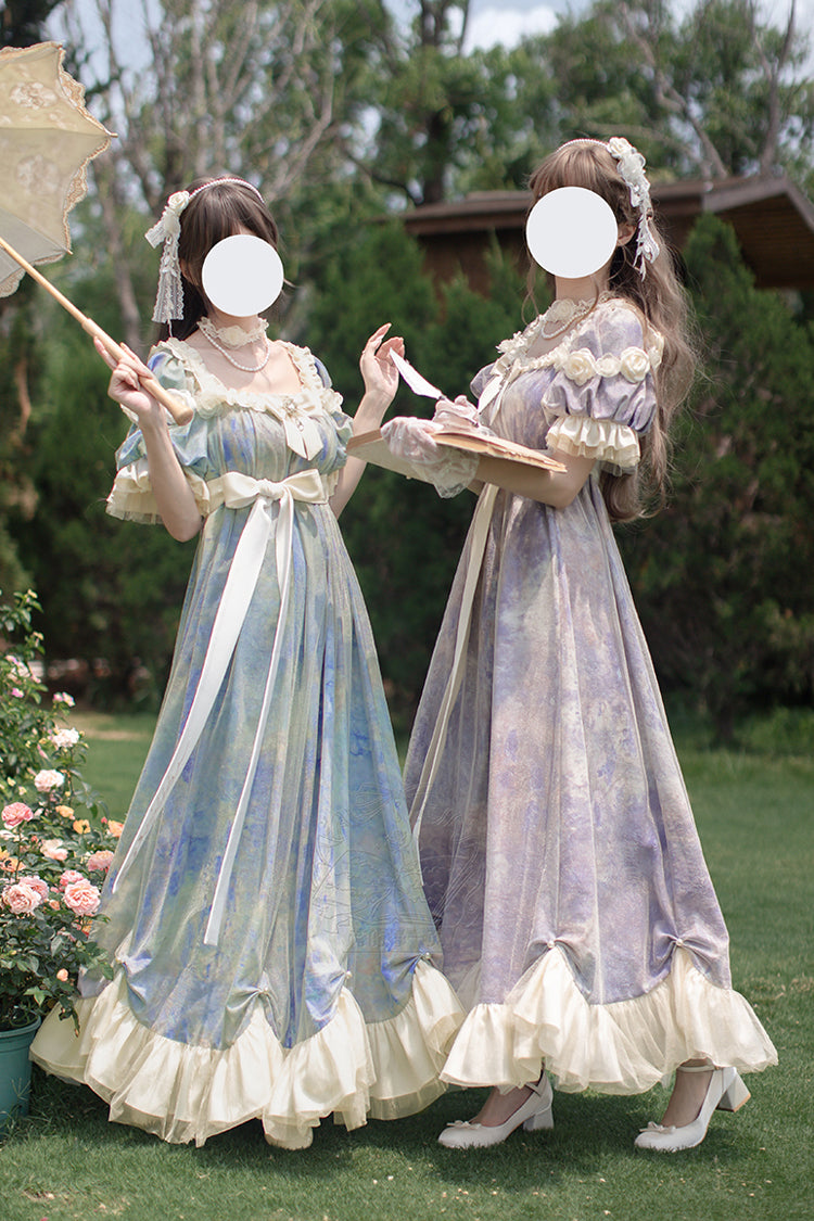 Robe Lolita Princesse Douce à Manches Courtes Imprimée avec Volants et Nœud Bleu [Peinture à l'Huile Soleil et Lune Poème] 