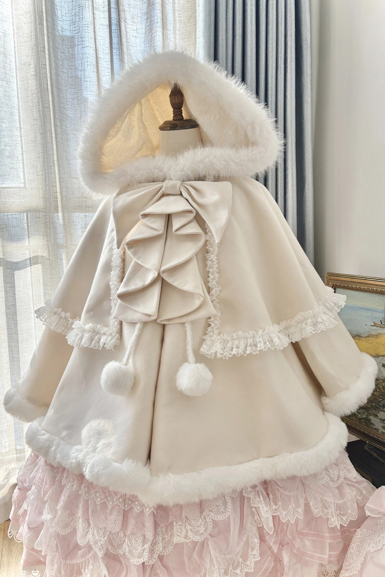 [Papillon de Velours] Manteau Cape Robe Lolita Douce à Capuche en Dentelle avec Nœud à Volants 4 Couleurs 