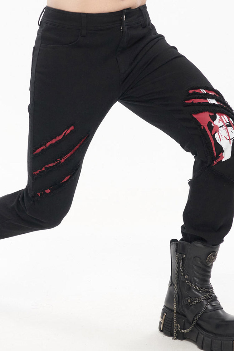 Black Punk Twill Ripped Leg-Bone Bleed Print Men's Pants