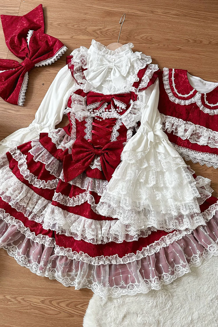 Wine Red [Love and Heart Flutter] Sleeveless Multi-Layered Ruffle Bowknot Lace Pearl Sweet Lolita Jsk Dress