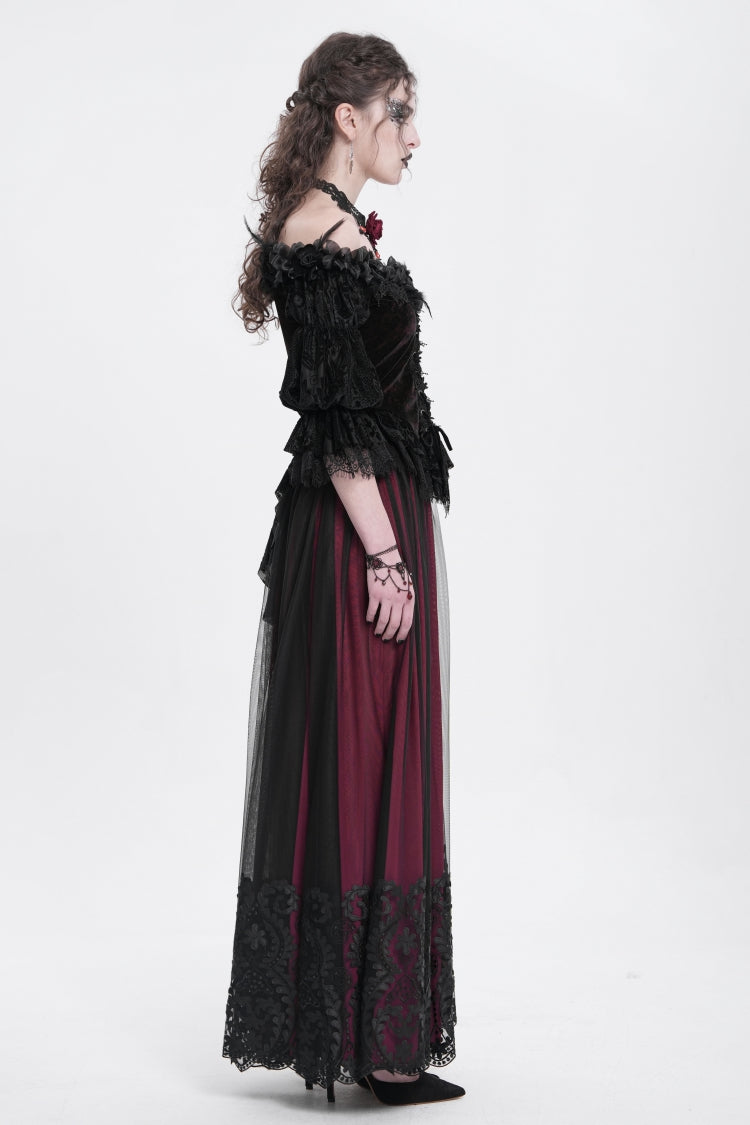 Red Stitching Floral Mesh Women's Gothic Skirt
