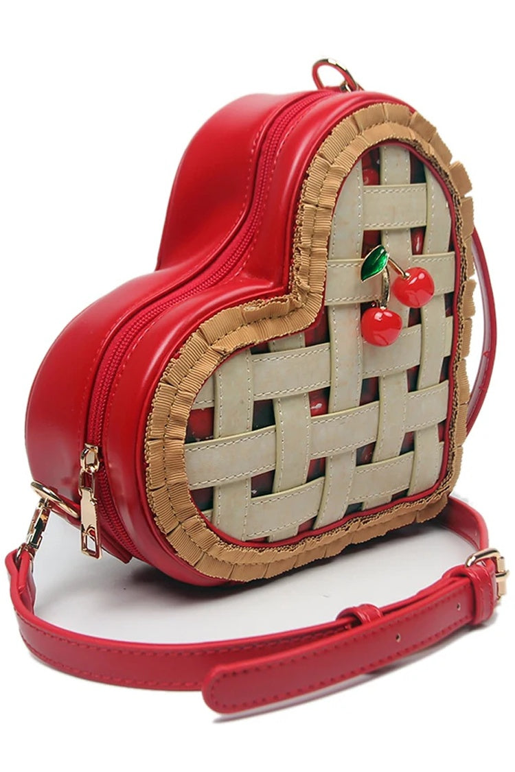 Red Cherry Party Heart Shaped Woven Cherry Decorated Ruffled Trim Sweet Lolita Crossbody Bag