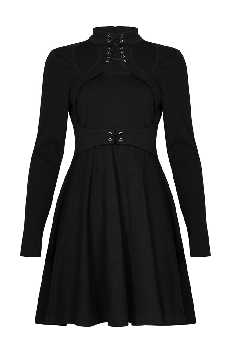 Black High Collar Front Chest Lace-Up Shoulder Hollow-Out Long Sleeve Women's Punk Dress