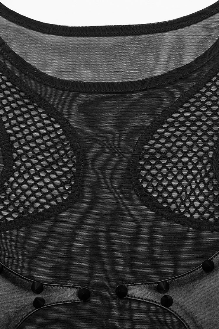 Black Short Sleeves Sheer Mesh Women's Punk Bodysuit
