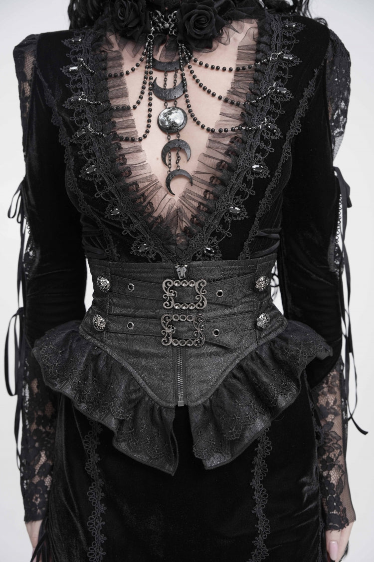 Schwarzer, schmal geschnittener, plissierter Gothic-Gürtel aus Spitze mit Schnalle und Reißverschluss