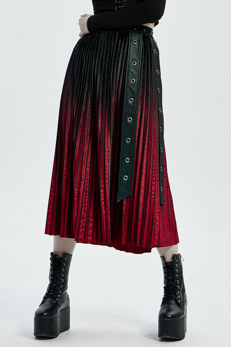 Black/Red Metal Nails Metal Chain Decoration Gradient Women's Steampunk Skirt
