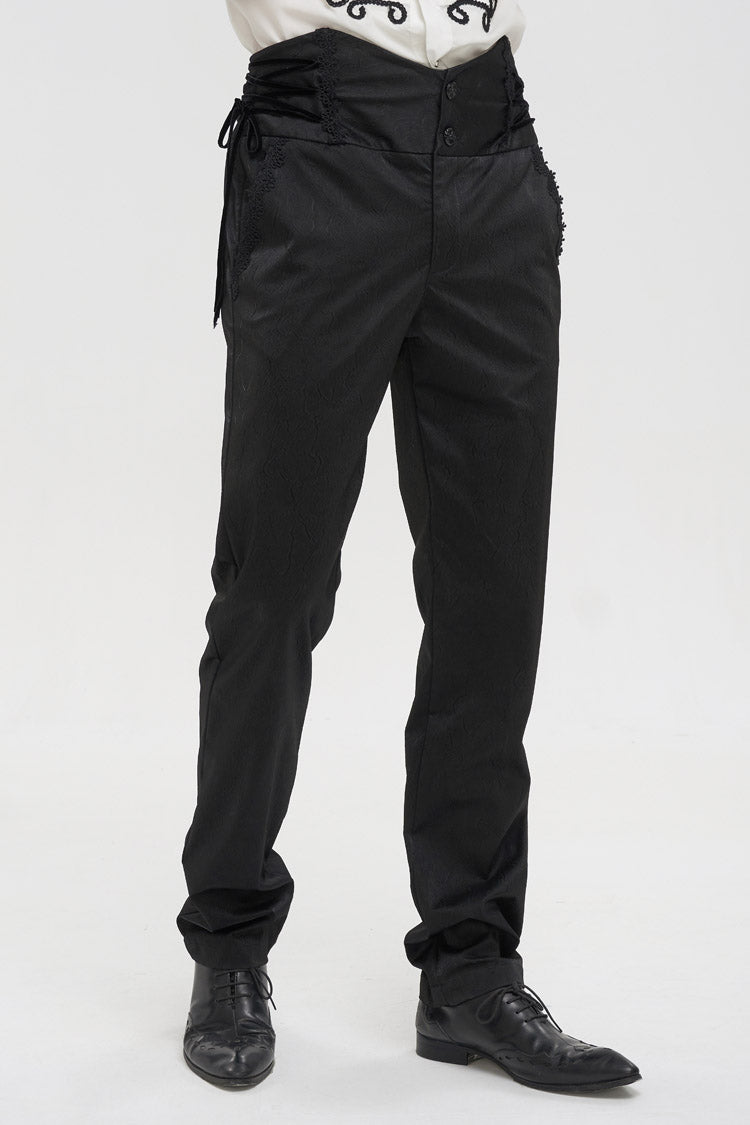 Black Retro High Waist Pattern Side Side Adjustable Leather Men's Gothic Pants