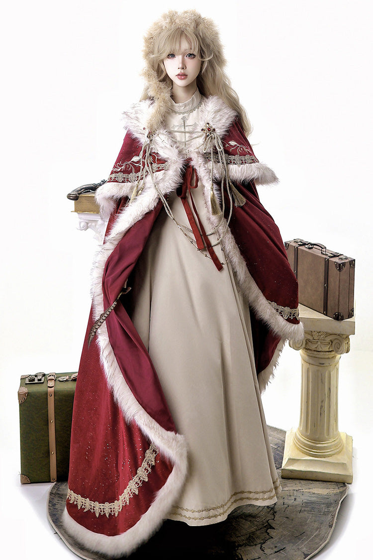 レッド【ロイヤルコロネーション】刺繍入りスイートゴージャスなヨーロピアン宮廷風ロリータドレスとケープのセット