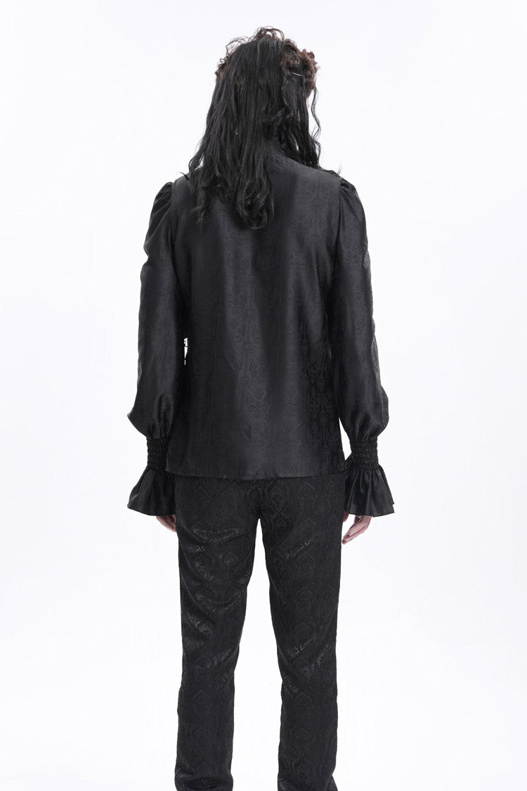 Black Stand Collar Long Sleeves Ruffle Lace Cross Men's Gothic Blouse