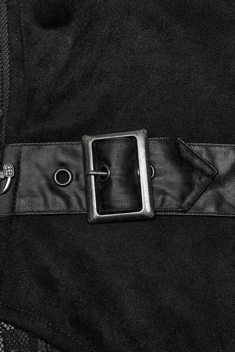 Black Sleeveless Hollow Suede Leather Stitching Irregular Mens Gothic Vest