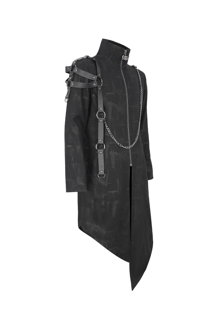 ブラックスタンドカラー非対称裾マッチングショルダーストラップロングメンズゴシックコート