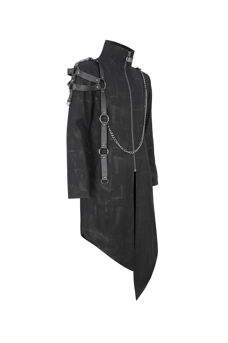 Black Stand Collar Asymmetric Hem Matching Shoulder Strap Long Men's Gothic Coat