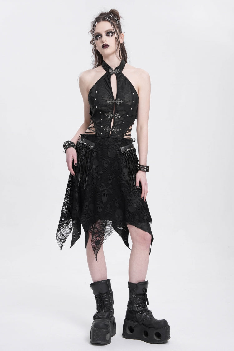 Black Halterneck Sleeveless Skull Print Irregular Women's Punk Dress