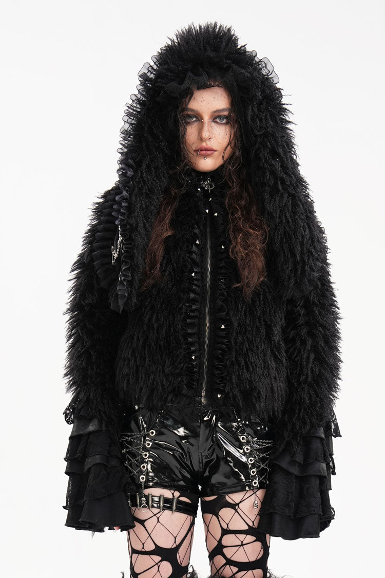 Black Long Sleeves Lace Hooded Zipper Chain Women's Gothic Jacket