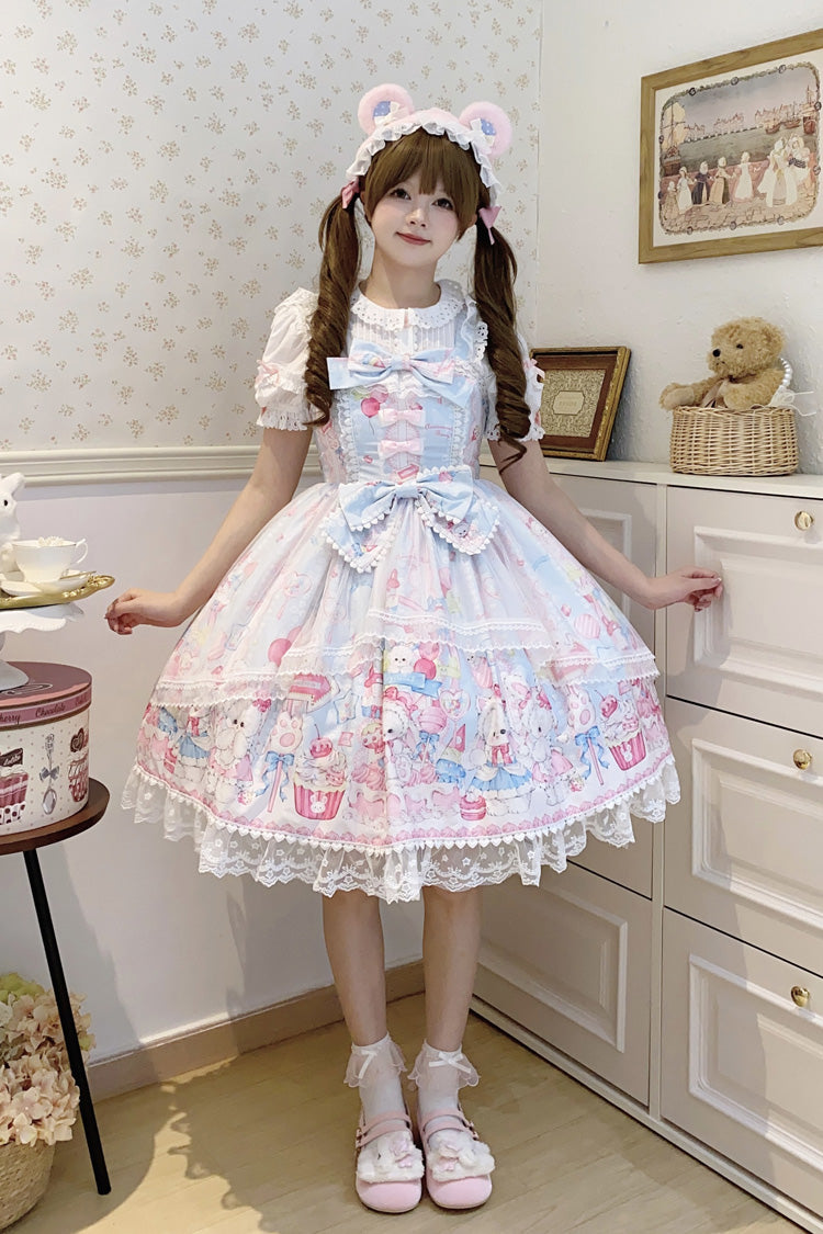 Blue [Cute Rabbit Sweet Cake] Print Ruffle Bowknot Lace Sweet Lolita Jsk Dress