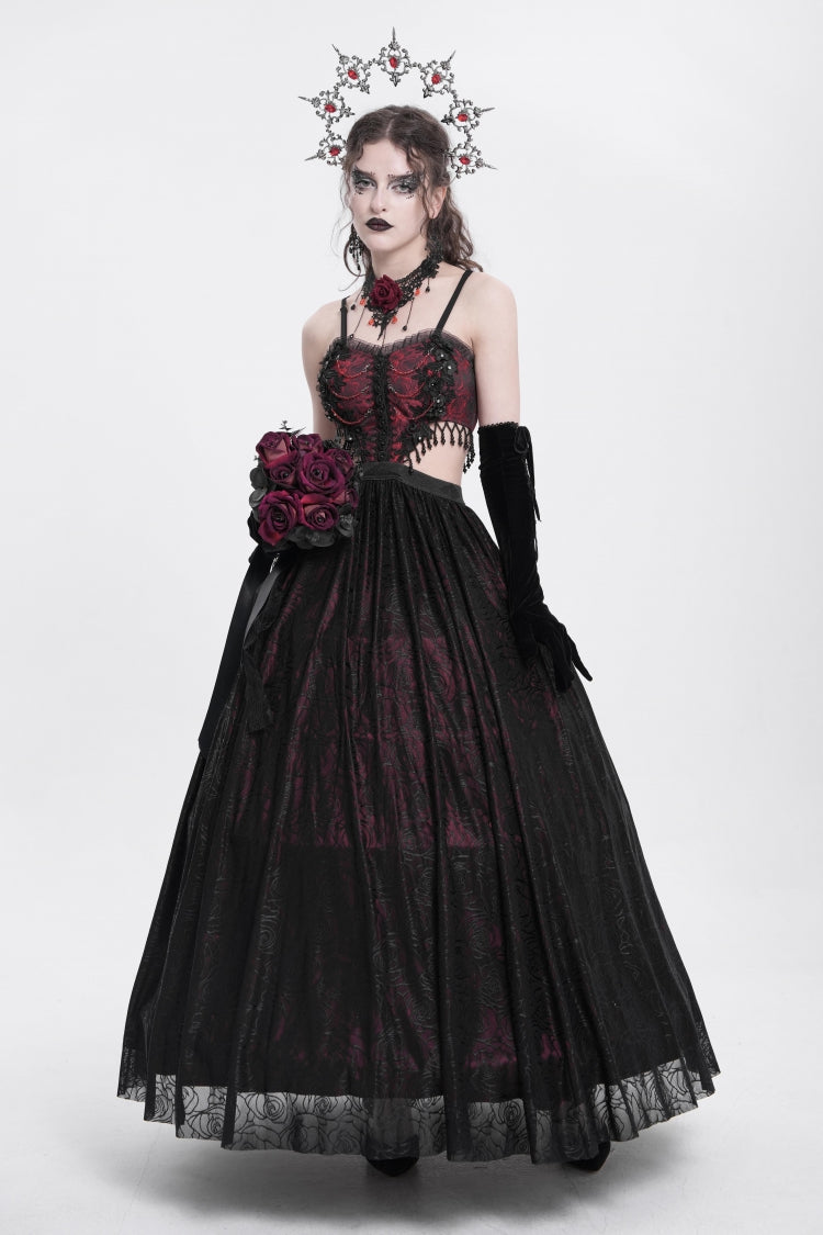 Rotes Jacquard-Kleid mit Blumenstickerei, zerrissene Gothic-Party-Unterkleid für Damen 